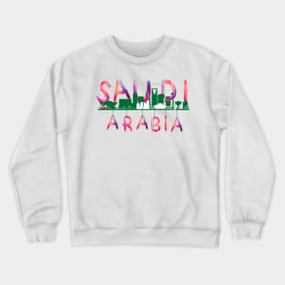 Saudi Arabia watercolor  Landmarks - pink lettering ( Saudicraft Serenity ) Crewneck Sweatshirt